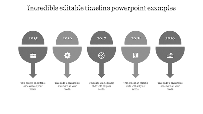 Grayscale timeline featuring five semi circle markers, with arrows pointing down, and icons representing different years.