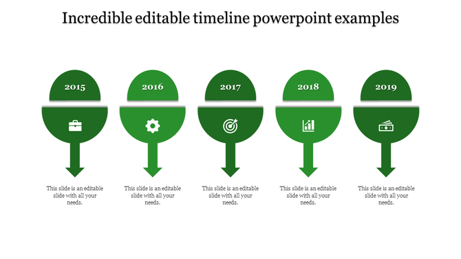 Horizontal timeline template with five red semicircles labeled 2015 to 2019, each connected to icons and captions below.