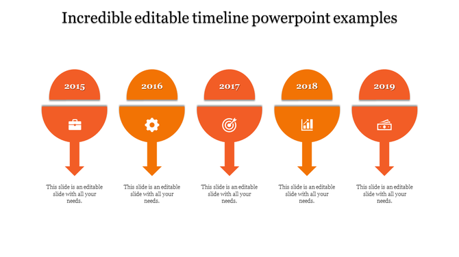 A PowerPoint timeline design with orange markers representing the years 2015 to 2019 and corresponding icons.