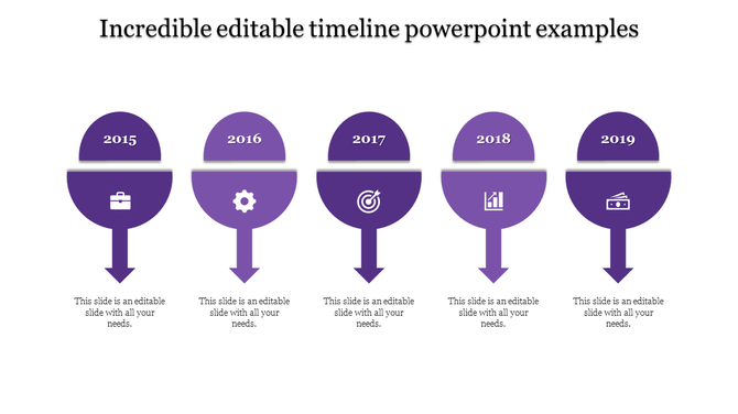 Purple themed business timeline with five sections, featuring circular elements, and downward arrows for each year.