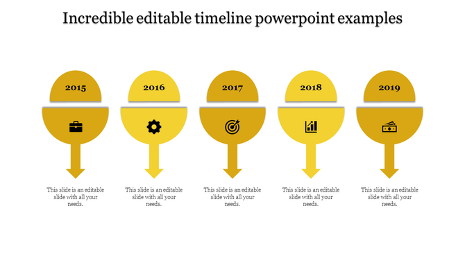 A PowerPoint timeline design with yellow markers representing the years 2015 to 2019 and corresponding icons.