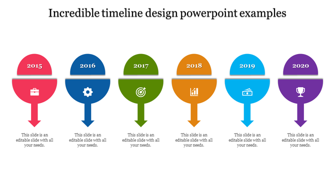 Horizontal timeline with colorful milestone markers for years 2015 to 2020, each featuring an icon.