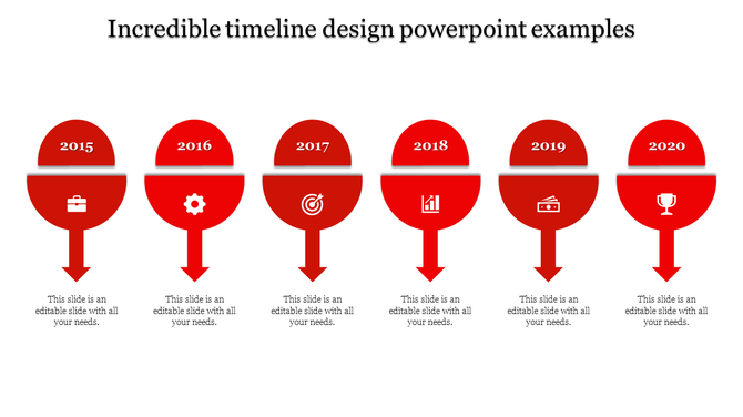 Structured timeline with six red circular markers, downward arrows, and milestone years from 2015 to 2020.