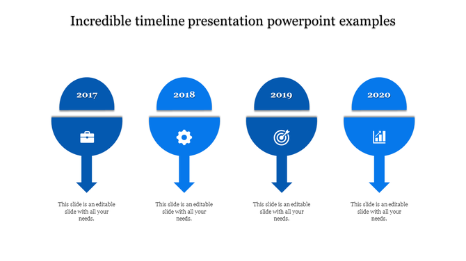 Infographic slide featuring a four step blue timeline, highlighting years and key symbols for each stage.