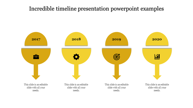 A yellow themed timeline PowerPoint slide with four stages, each representing the year 2017 to 2020 with corresponding icons.