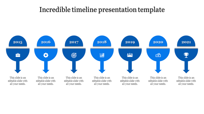 Seven step orange timeline from 2015 to 2021 with icons and downward arrows under each year placed in the white background.