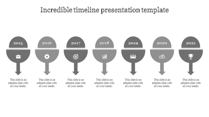 A grey themed timeline presentation template with seven stages from 2015 to 2021, each represented by a circular icon.
