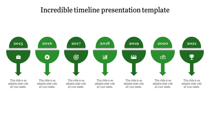 Slide displaying a linear timeline from 2015 to 2021, using green circular markers with icons and descriptions.