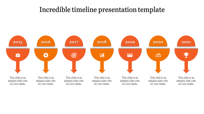Yellow semicircle timeline showing years 2015 to 2021, each with an icon and downward arrow placed in the white background.