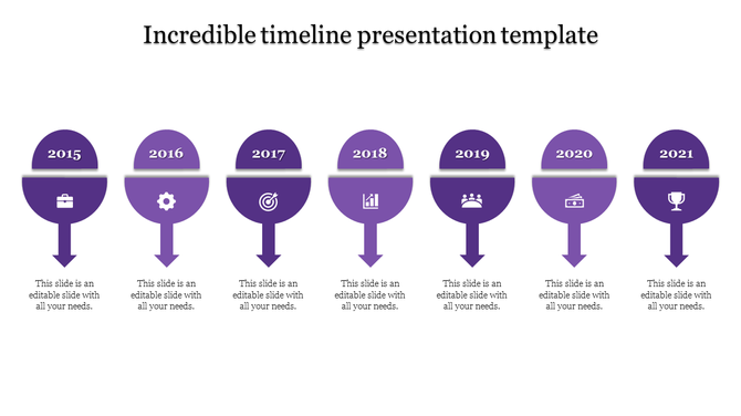 A timeline presentation template with seven years from 2015 to 2021, each represented by a purple circular marker and icon.