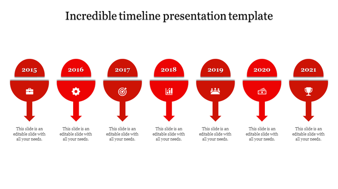 Timeline with seven red half circle icons for each year, representing business milestones with arrows pointing down.