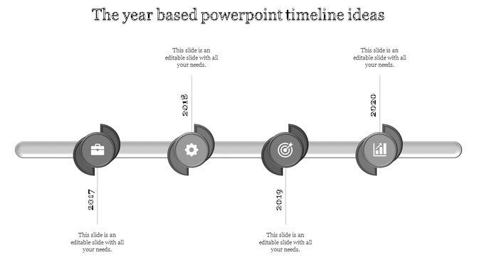 A professional timeline slide in grayscale, covering the years 2017 to 2020, with icons for work, settings, goal, and growth.