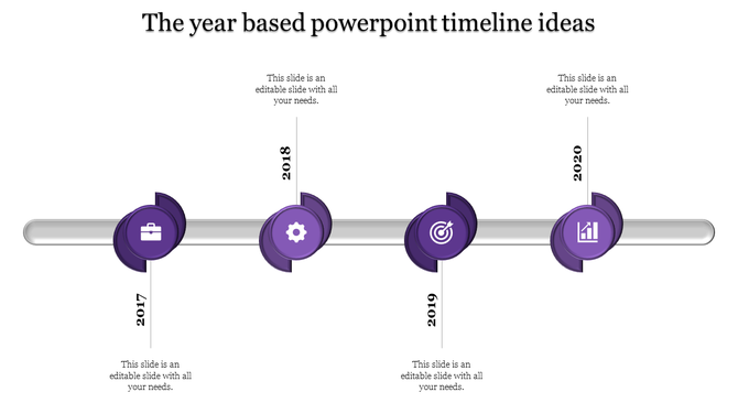 A year based timeline PPT slide featuring milestones from 2017 to 2020 with purple icons representing different stages.