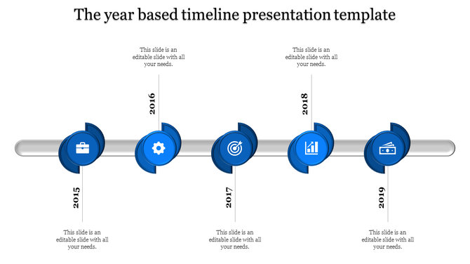 Blue themed year based timeline PowerPoint template from 2015 to 2019, with icons representing business milestones.