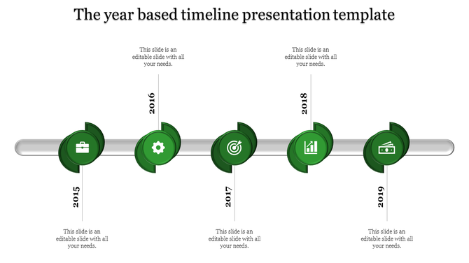 Red circular markers on a timeline for years 2015 to 2019 with icons like briefcase, gear, target, graph, and wallet.