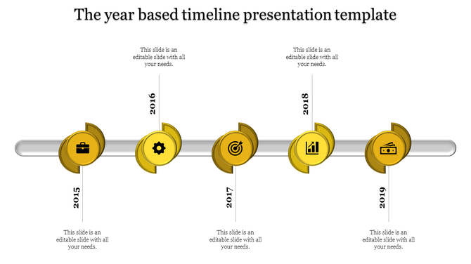 Timeline PPT slide with yellow icons representing key milestones in business from 2015 to 2019 and placeholder text.