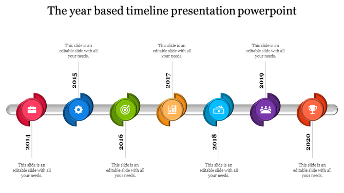 Timeline with circular markers in red, blue, green, yellow, teal, purple, and orange, on a silver bar from 2014 to 2020.