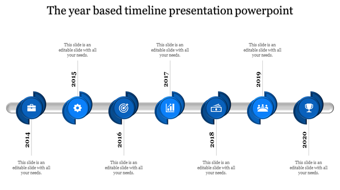 Timeline presentation template with blue icons and years from 2014 to 2020, highlighting important business milestones.
