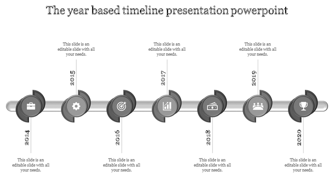 Grayscale horizontal timeline with circular icons and vertical year markers from 2014 to 2020 on a silver bar.