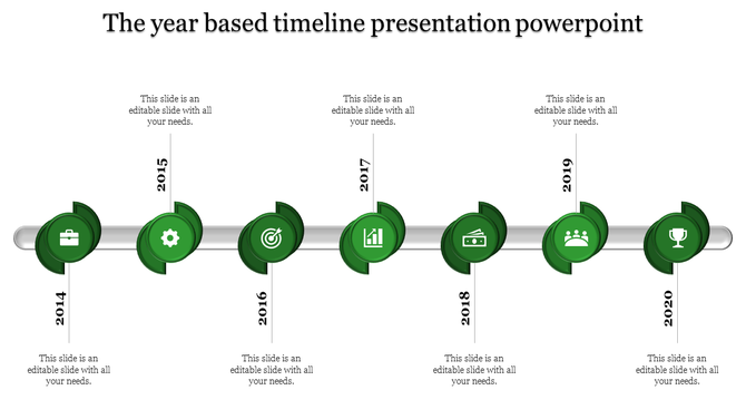 Red themed timeline with circular icons and vertical year labels from 2014 to 2020 along a silver bar.