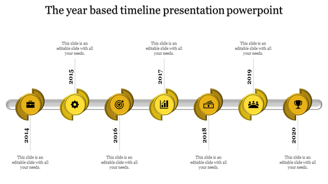 Timeline presentation template with icons representing key events from 2014 to 2020 in a yellow color scheme.