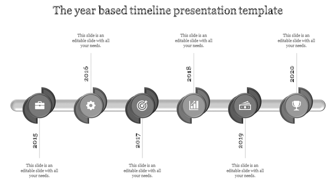 Timeline slide with years marked 2015 to 2020, each year accompanied by a relevant grey icon and text placeholders.