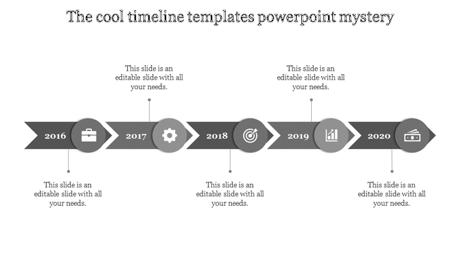 A cool timeline PPT slide in grey, with years from 2016 to 2020, each year associated with an icon and placeholder text.