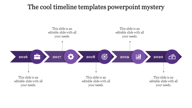 A cool timeline PPT slide in purple, with years from 2016 to 2020, each year associated with an icon and placeholder text.