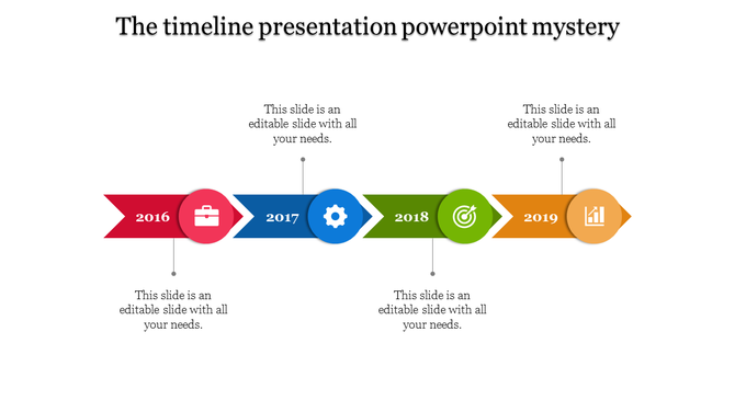 A colorful timeline slide with milestones from 2016 to 2019, featuring vibrant arrows and icons with placeholder text.