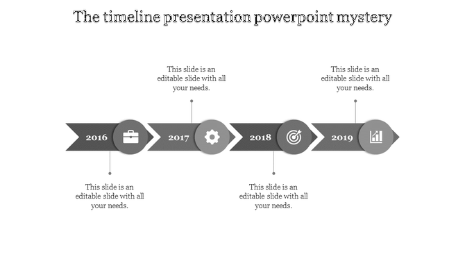 A cool timeline slide with milestones from 2016 to 2019, featuring vibrant arrows and grey icons with placeholder text.