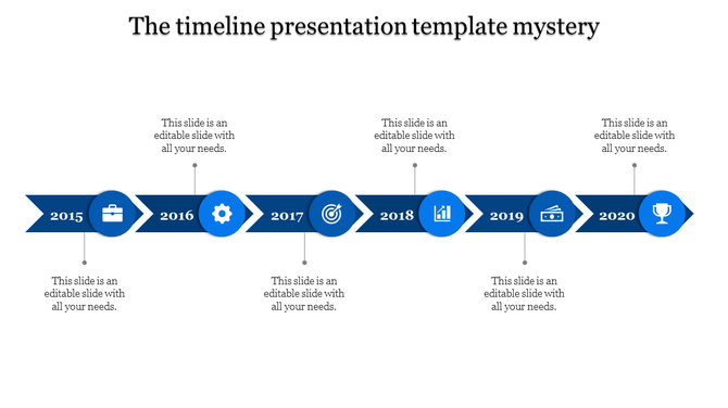 A blue themed timeline PPT slide showing milestones from 2015 to 2020, each marked with a blue icon and placeholder.