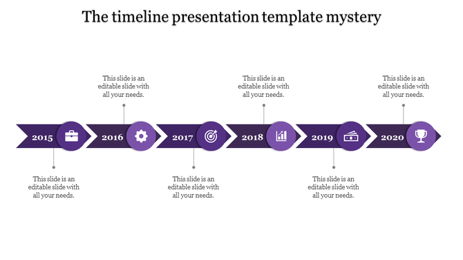 Purple themed timeline infographic with six milestones in directional arrows, and black icons on a white background.