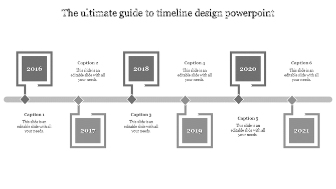 Modern timeline infographic with six purple square milestones for years 2016-2021, arranged along a gray connector.