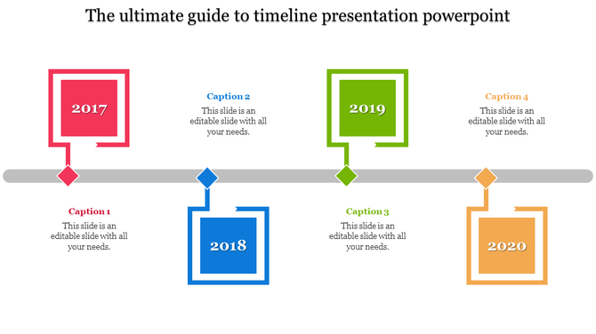 Timeline presentation template with milestones from 2017 to 2020, featuring colorful markers in red, blue, green, and orange.