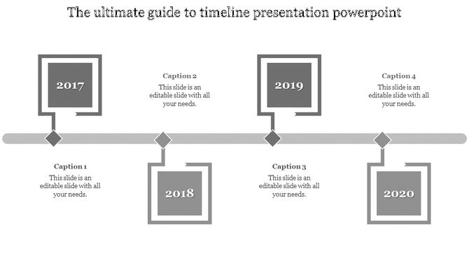 Timeline PowerPoint slide with milestones from 2017 to 2020, each marked with grey square markers and captions.