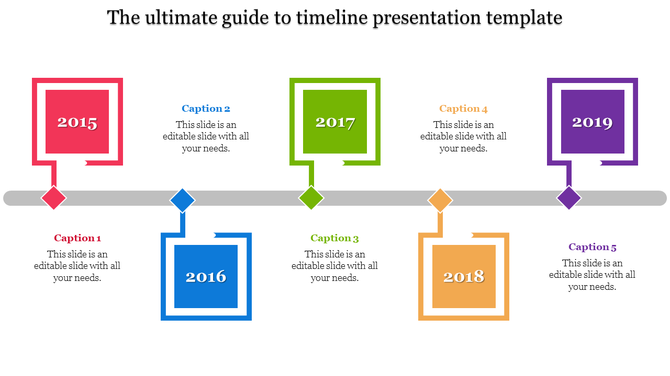 Timeline with alternating square markers in red, blue, green, yellow, and purple, depicting events from 2015 to 2019.