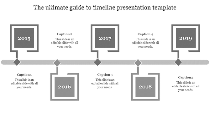 Timeline presentation template with five grey boxes each containing a year and caption, connected by a line path.