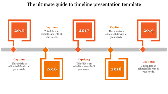 Horizontal timeline with yellow square nodes, diamond connectors, and alternating text placeholders for each year.