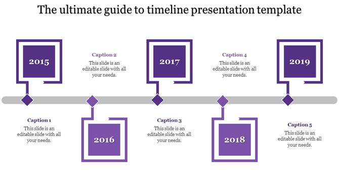Timeline presentation template with five purple boxes each containing a year and caption, connected by a grey path.