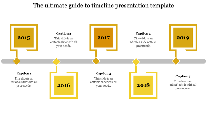 Pentagon themed timeline with alternating colors and 3D effects, spanning 2011-2019, with placeholder text above and below.