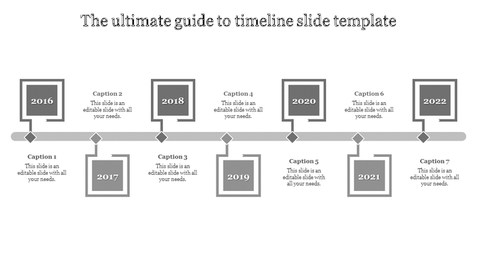 Horizontal timeline with alternating gray square milestones from 2016 to 2022, linked by a gray horizontal bar.