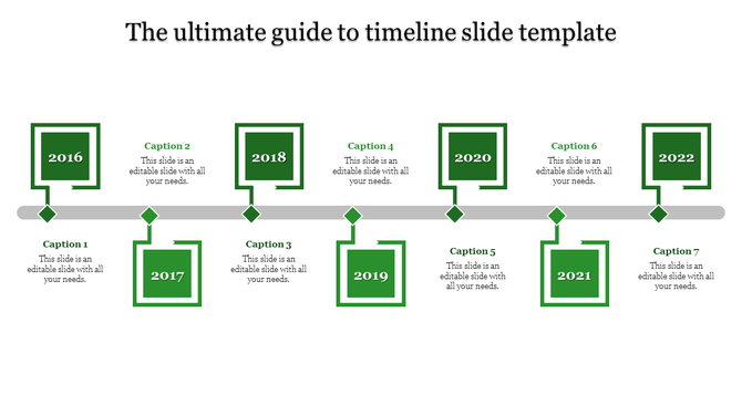 Horizontal timeline with red square nodes, diamond connectors, and alternating text placeholders for each year.