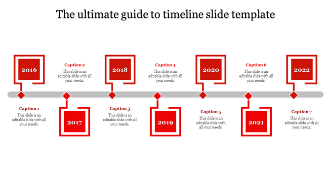Horizontal timeline with blue square nodes, diamond connectors, and alternating text placeholders for each year.