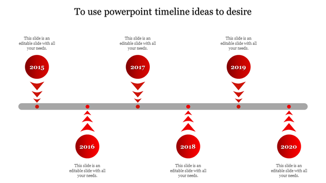 Minimalist red timeline with alternating circular milestones from 2015 to 2020, connected by a gray horizontal bar.