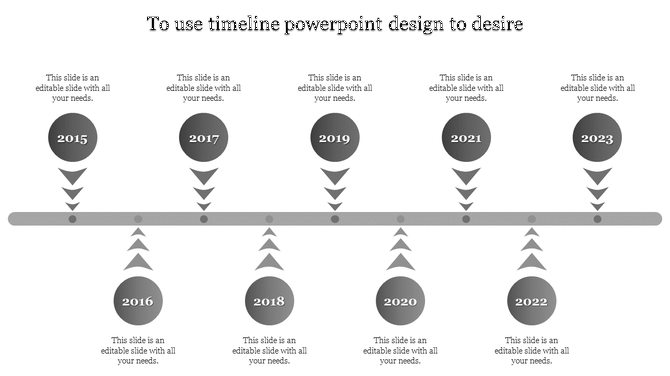 Timeline ideas slide with grey circles for 2015 to 2023, connected by a gray horizontal line and downward pointing arrows.