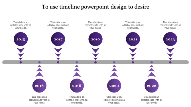 Timeline featuring years 2015 to 2023, with purple circles connected by arrows to a central line and placeholder text.