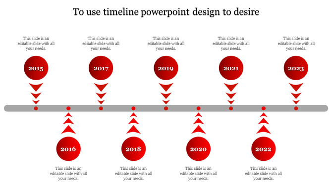 Timeline ideas slide with red circles for 2015 to 2023, connected by a gray horizontal line and downward pointing arrows.