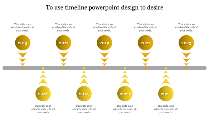 Yellow themed timeline with nine arrows and circles marking events, structured in an alternating pattern.