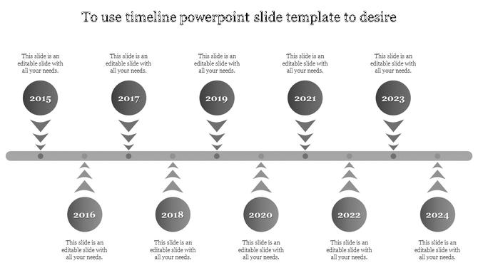 A minimalist timeline slide displaying key years from 2015 to 2024, with placeholders for additional details.