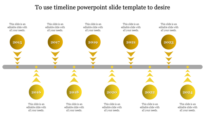 Modern timeline with yellow circles marking milestones from 2015 to 2023, linked by triangular arrows to a central gray bar.